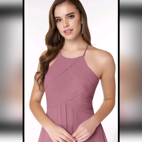 Azazie Womens Vintage Mauve Ginger Halter Pleated Formal Bridesmaid Prom Dress10 - Picture 4 of 15